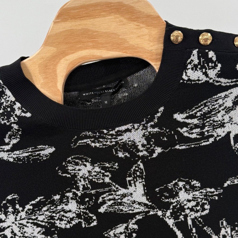 White House Black‎ Market Floral Knit Top Gold Button Elegant Chic SS Classic M